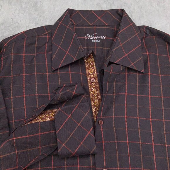 Visconti Uomo Shirt Men 48 Brown Red Check Plaid Contrast Trim Cotton Italy - Picture 2 of 12